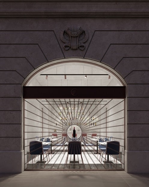 Novikov Designs Coppe Restaurant shopfront design, single arch Rolans Novikovs