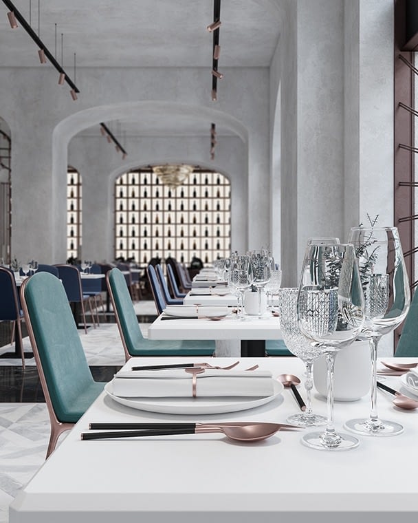 Novikov Designs Coppe Restaurant Interior Design with arches and fine furniture Rolans Novikovs