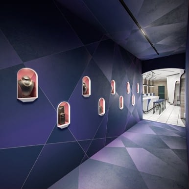 Novikov Designs Strabo Store jewellery hallway niches & geo graphics purple blue Rolans Novikovs