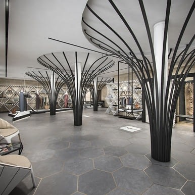 Novikov Designs Strabo Flagship Store main store splaying trees Rolans Novikovs