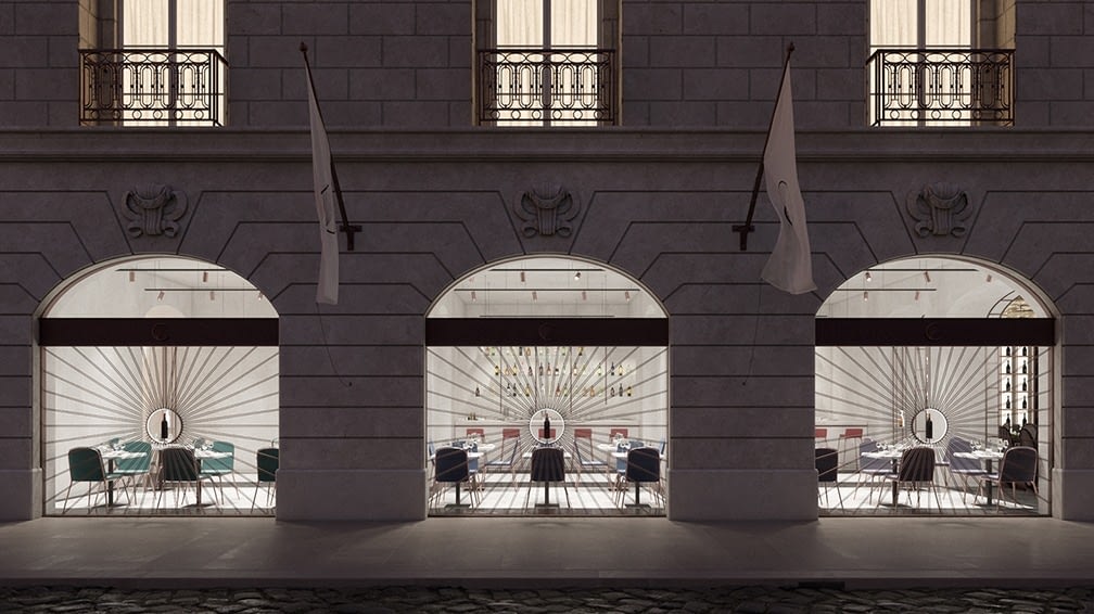 Novikov Designs Coppe Restaurant shopfront, three arches and flags Rolans Novikovs