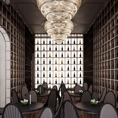 Novikov Designs Coppe Restaurant Infinity Room with mirrors and bottle displays Rolans Novikovs
