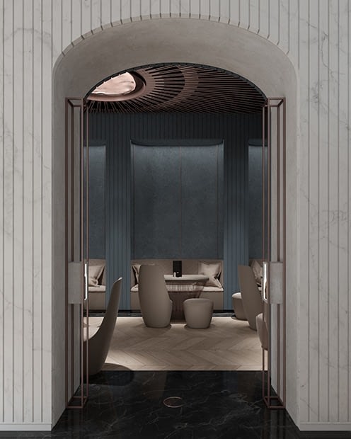 Novikov Designs Coppe Restaurant Bistro Interior Design with sun rays and alcoves Rolans Novikovs