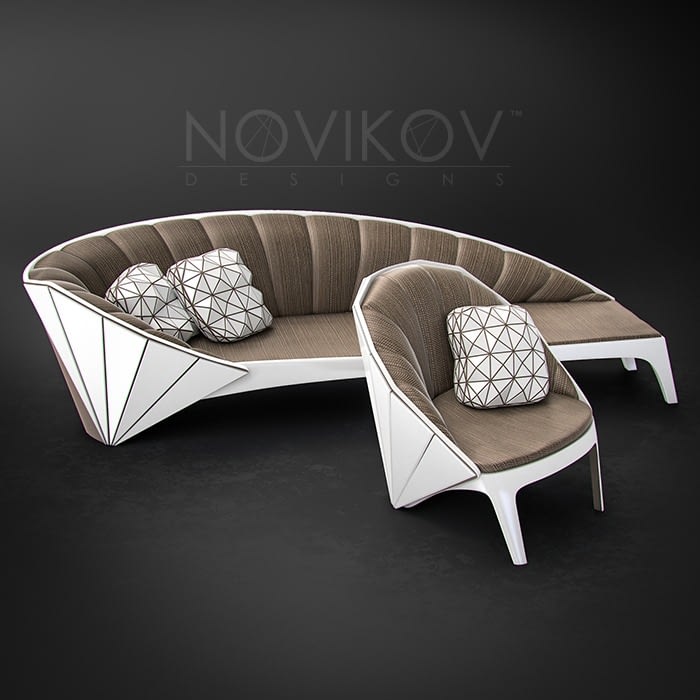 Novikov Designs Strabo Sofa and Strabo Chair furniture family original concept and colour scheme Rolans Novikovs