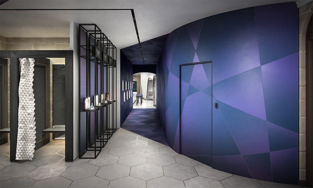 Novikov Designs Strabo Store Jewellery Hallway exhibition design with niches & geo graphics purple blue Rolans Novikovs