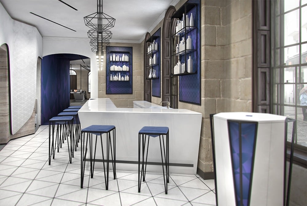 Novikov Designs Strabo Store lounge area bar with Strabo stools & jewellery hallway Rolans Novikovs