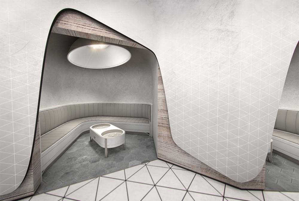 Novikov Designs Strabo Store lounge area with soft seating, Cirkula coffee table & curved dynamic front skin Rolans Novikovs