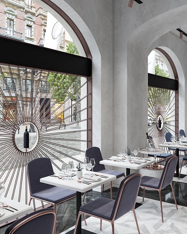 Novikov Designs Coppe Restaurant Interior Design with arches and fine furniture Rolans Novikovs