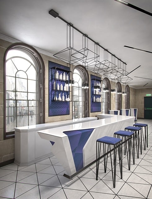 Novikov Designs Strabo Store lounge area bar with Strabo stools and suspended lighting Rolans Novikovs