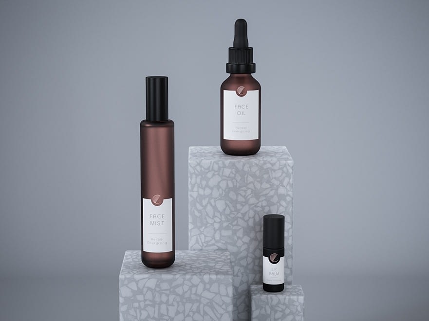 Novikov Designs Coppe skincare product design range, face mist, face oil, lip balm Rolans Novikovs