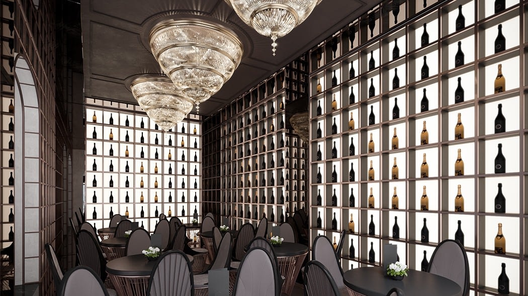Novikov Designs Coppe Restaurant Infinity Room with mirrors and bottle displays Rolans Novikovs